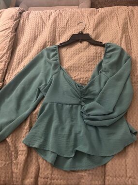 Papaya Sage Green Ruched Peplum Long-Sleeve Blouse